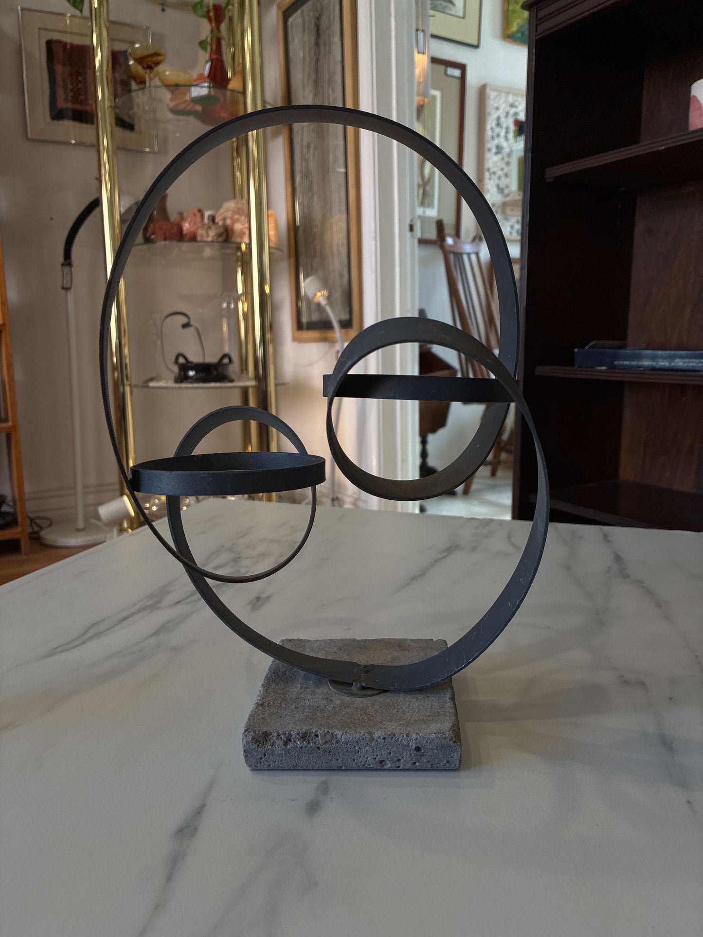 Minimalist Metal Sculpture Dual Loop on Concrete Base