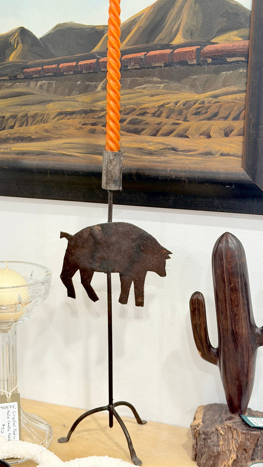 Handmade Iron Pig Tapered Candle Holder