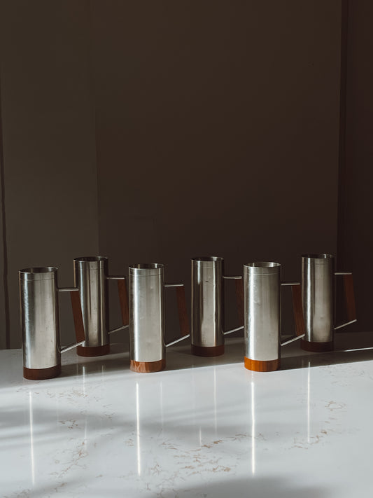 Set of 6 Vintage Royal Selangor Pewter & Teak Wood Tankard Mug Steins