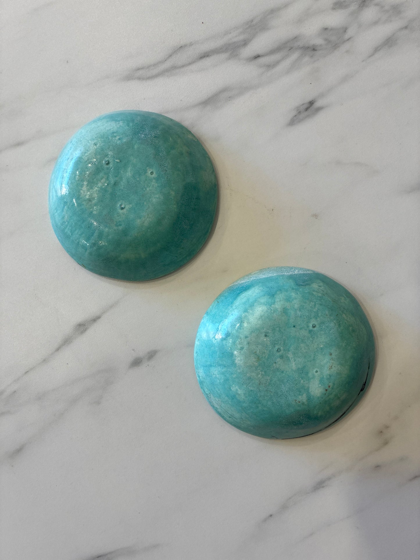 Pair of Handmade Teal Glazed Sculptured Bowls with Interior Designs