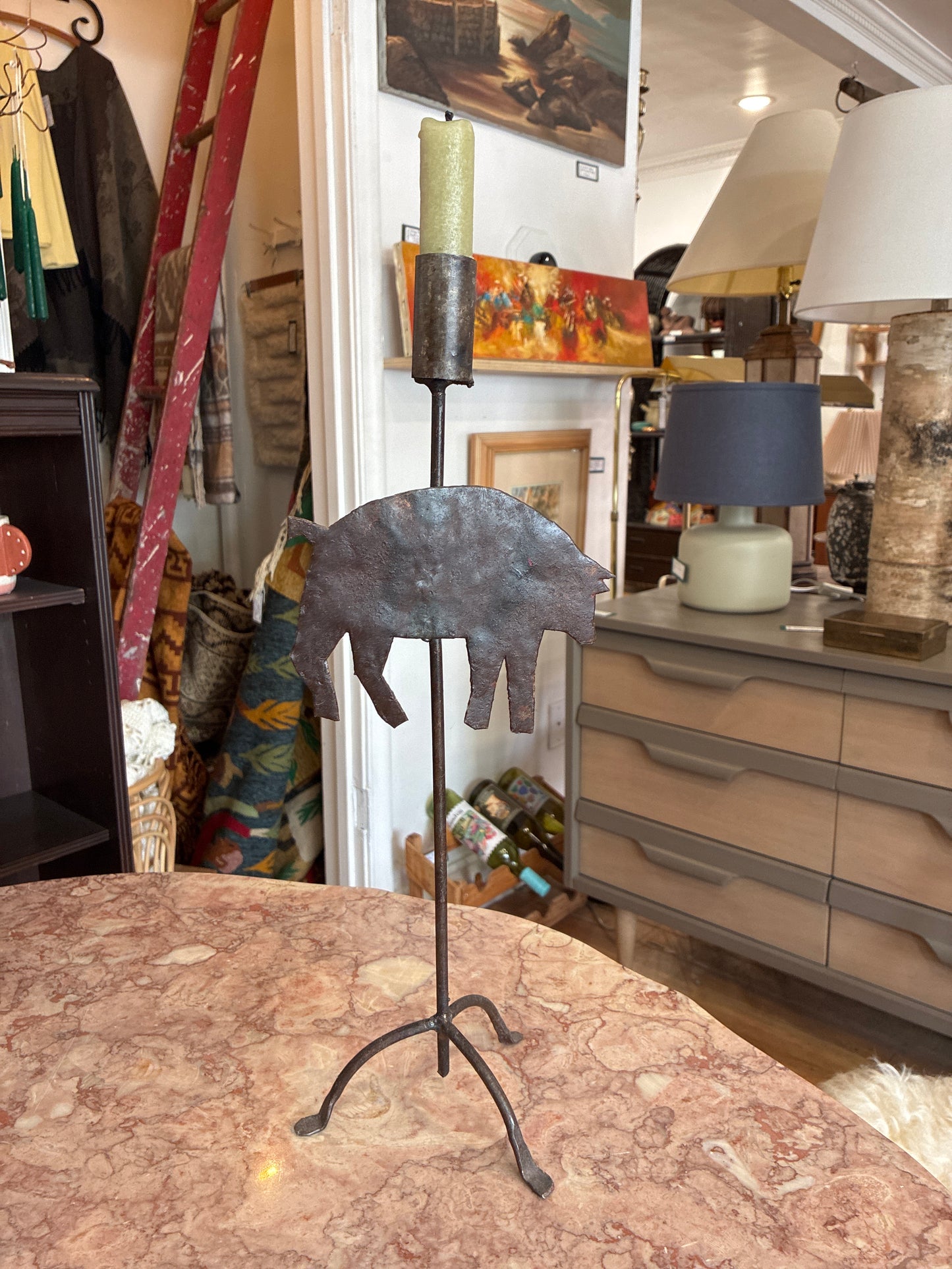 Handmade Iron Pig Tapered Candle Holder