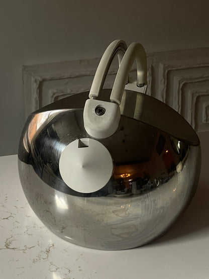 Rare CARLO GIANNINI Postmodern White & Chrome Whistling Italian Stove Top Tea Kettle