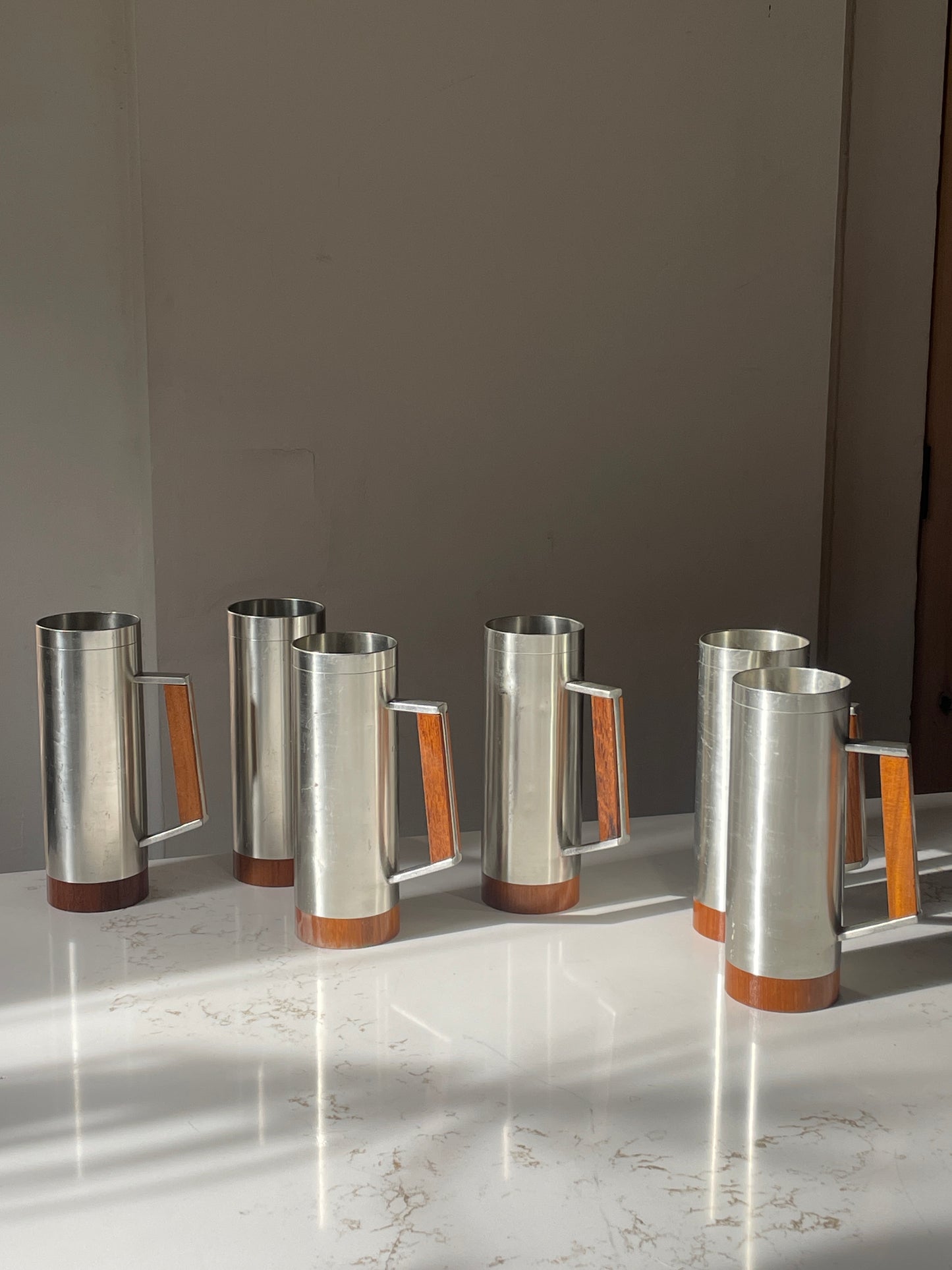 Set of 6 Vintage Royal Selangor Pewter & Teak Wood Tankard Mug Steins