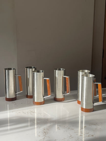 Set of 6 Vintage Royal Selangor Pewter & Teak Wood Tankard Mug Steins