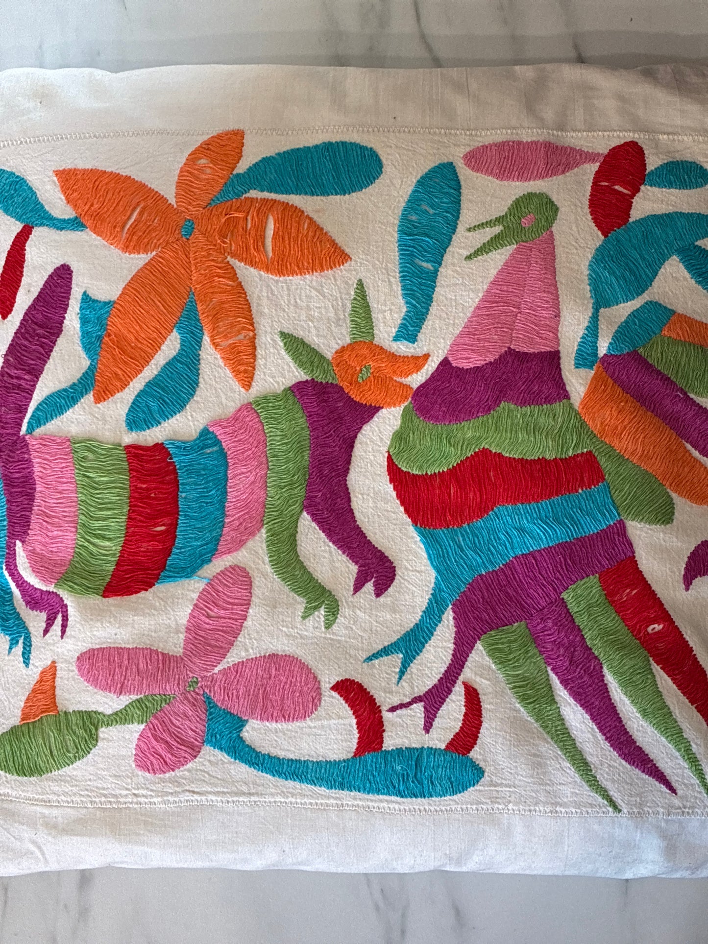 Vintage Tenango Hand Sewn Otomi Embroidered Folklore Pillowcase and Insert