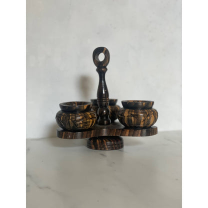 Zebra Wood Carved Spice Bowls on Lazy Susan Stand sold as set of 3