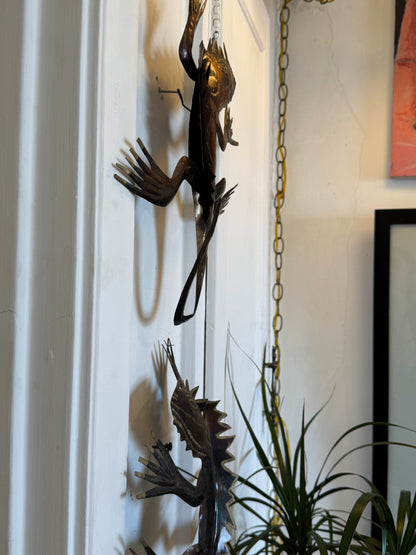 Pair of Sculpted Metal Wall Scrawling Lizards with Painted Brass Details
