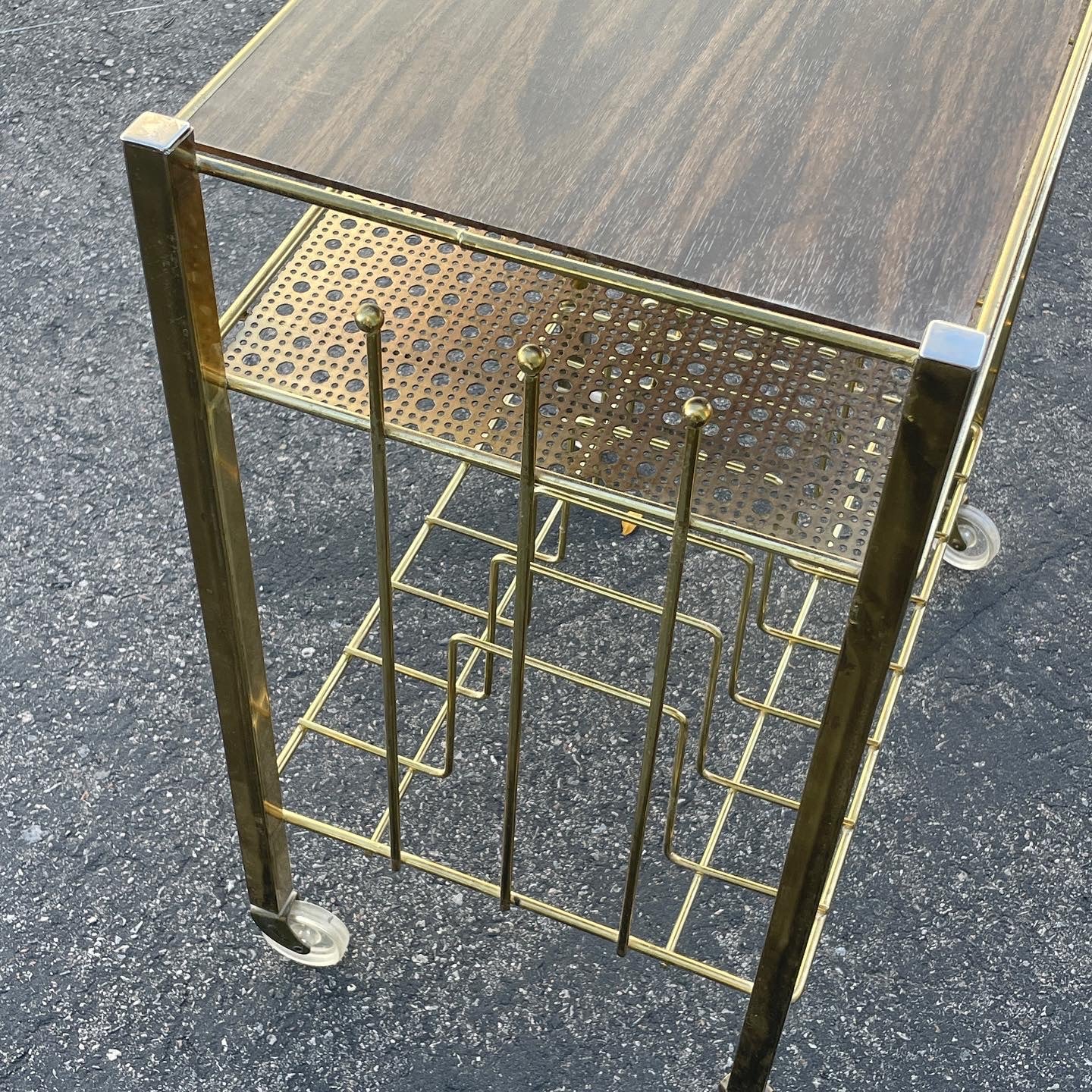 1950’s Rolling Entertainment Record Stand with Brass Cane Detail work