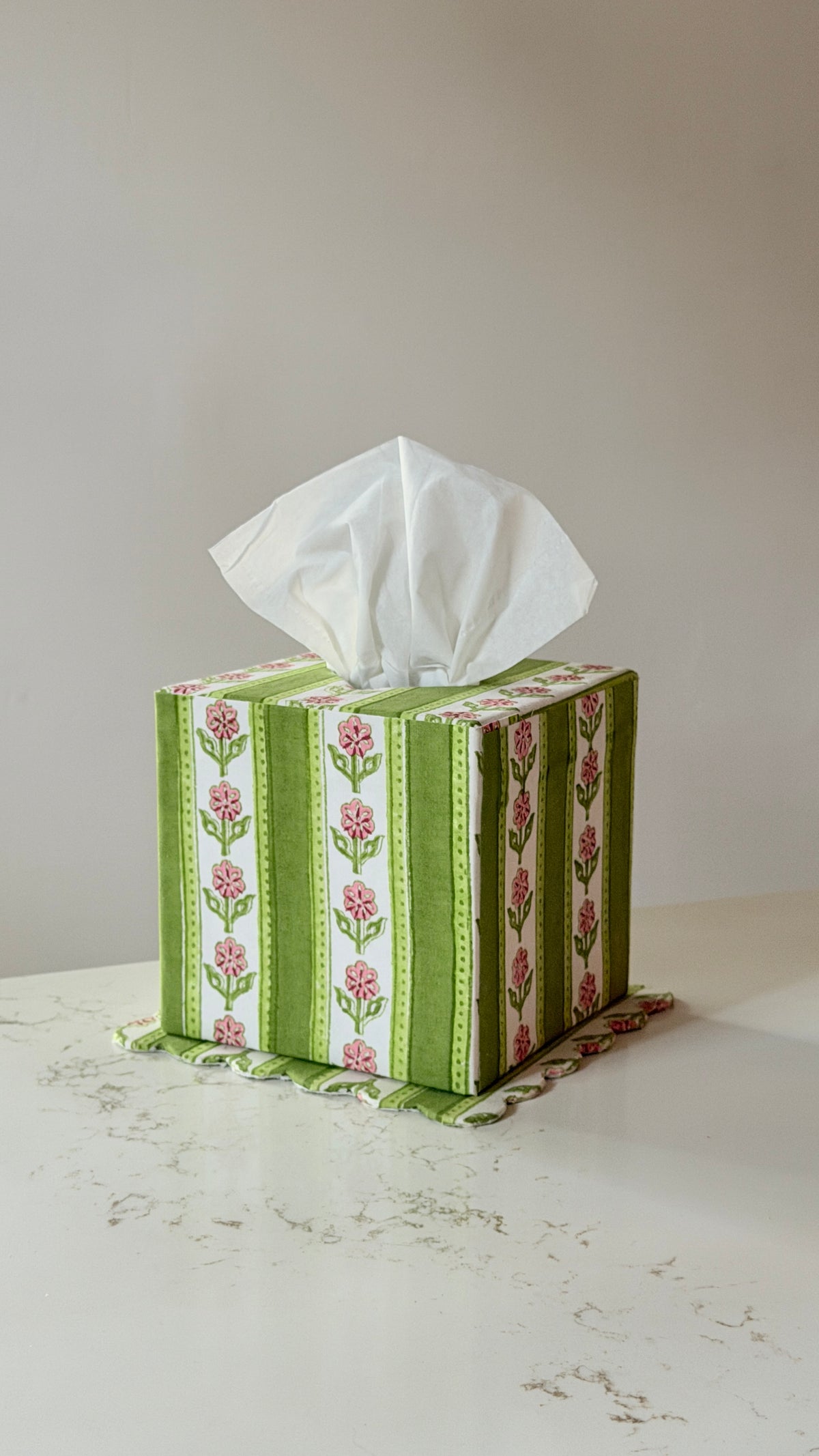 Garden Cottage Green & Pink Floral Inner Child Blockprint Hand Dyed Scallop Edge Tissue Box