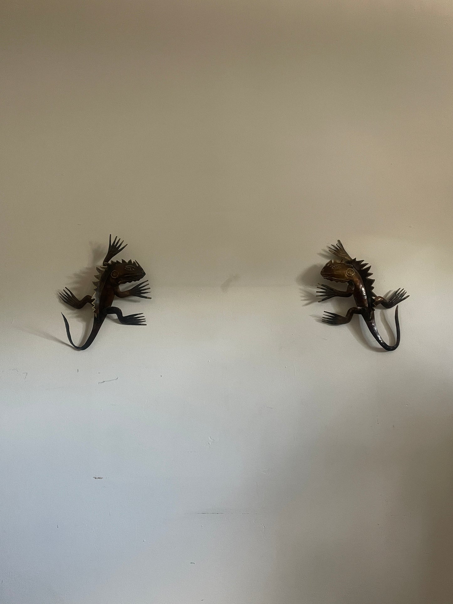 Pair of Sculpted Metal Wall Scrawling Lizards with Painted Brass Details