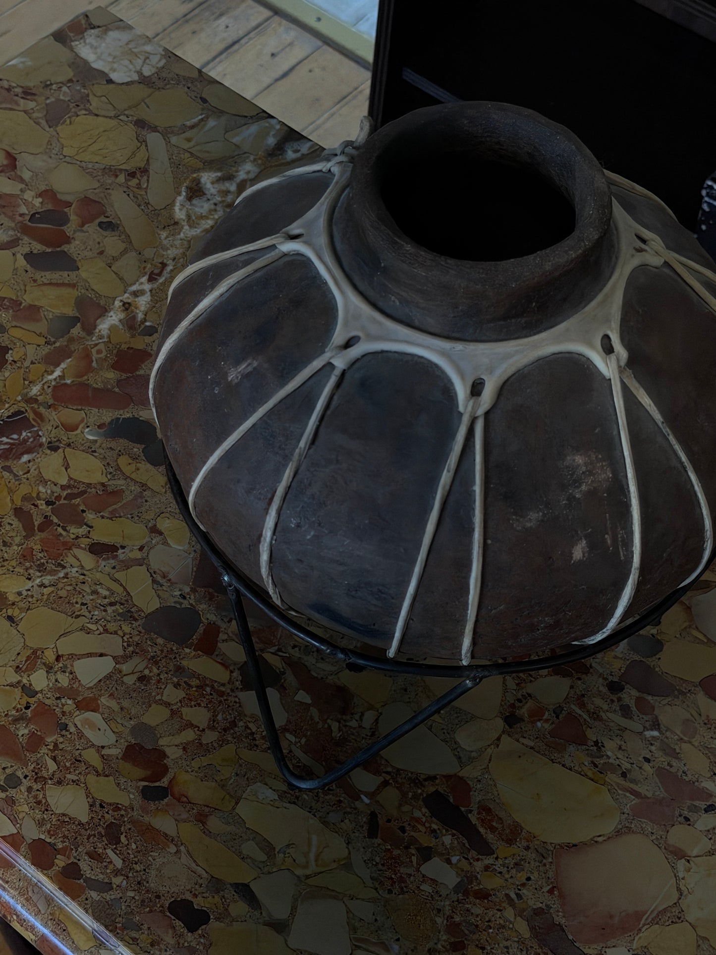 Tarahumara North Mexico Tribe Pottery with Stretched Raw Hide Design