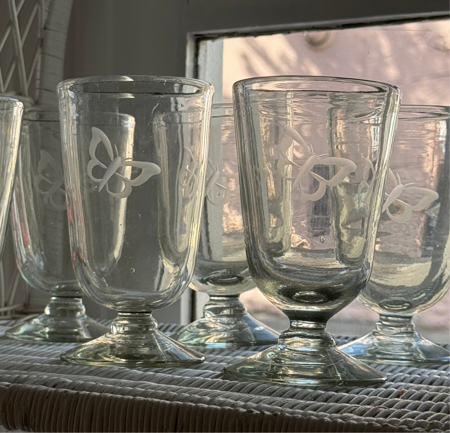 Glass Blown Butterfly Etched Chalice Glasses set of 6