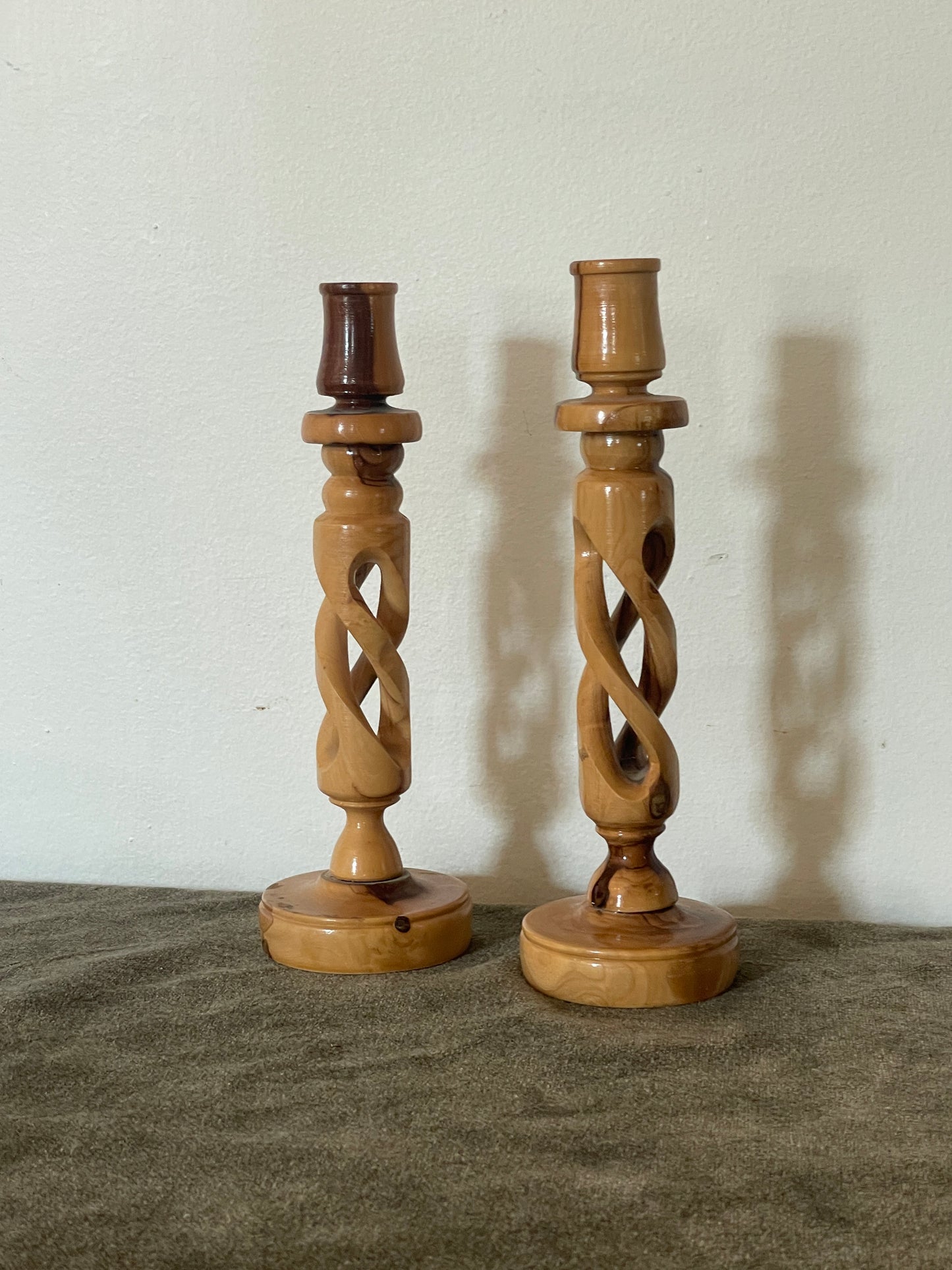 Carved Olive Wood Twisted Candlestick Holder sold as a pair of 2