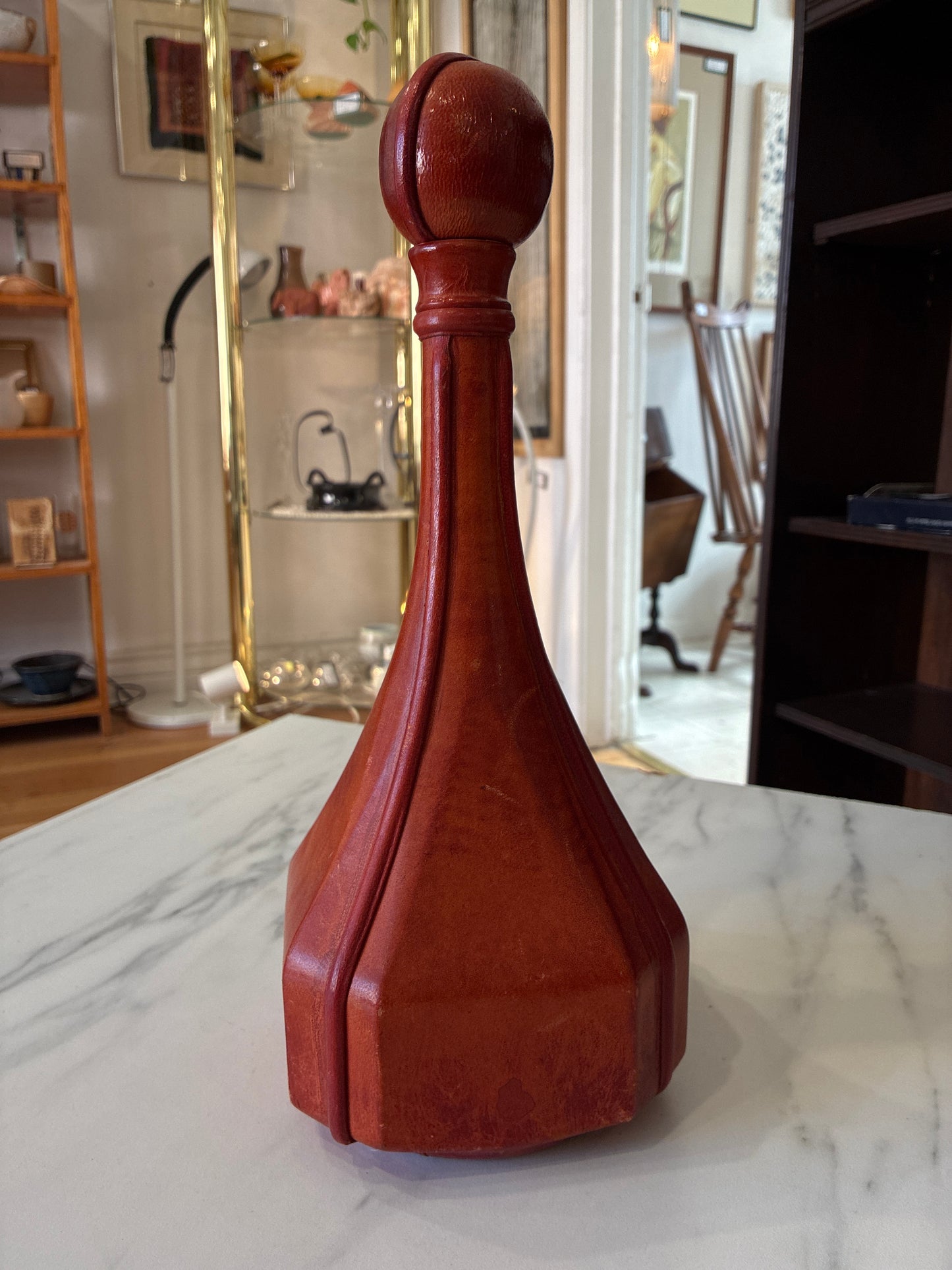 Vintage Halian Leather Wrapped Decanter Bottle - Glass Interior