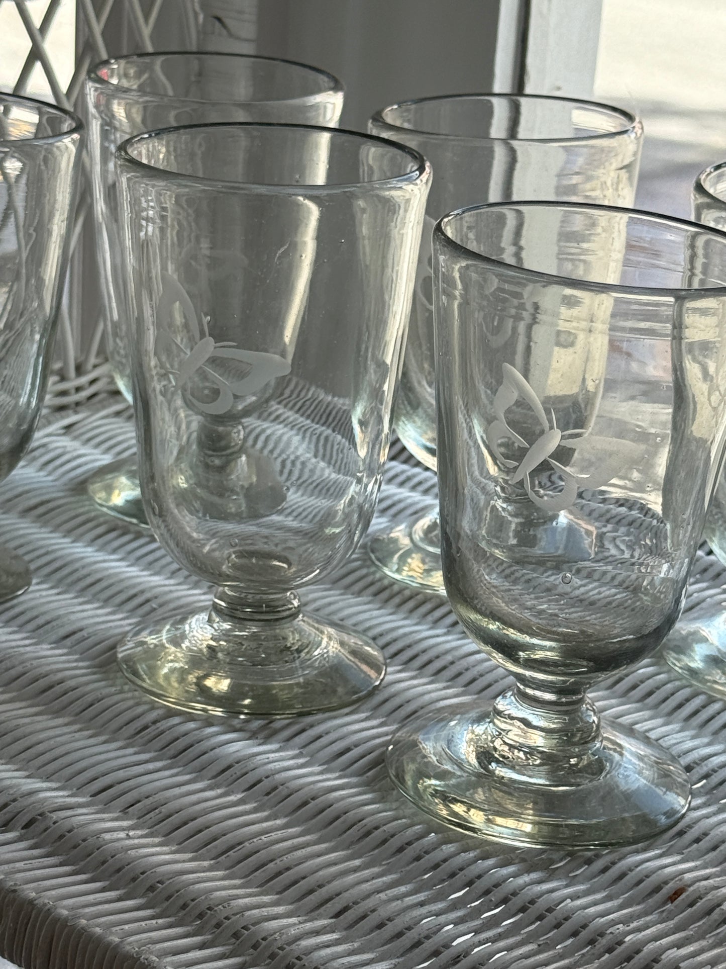 Glass Blown Butterfly Etched Chalice Glasses set of 6