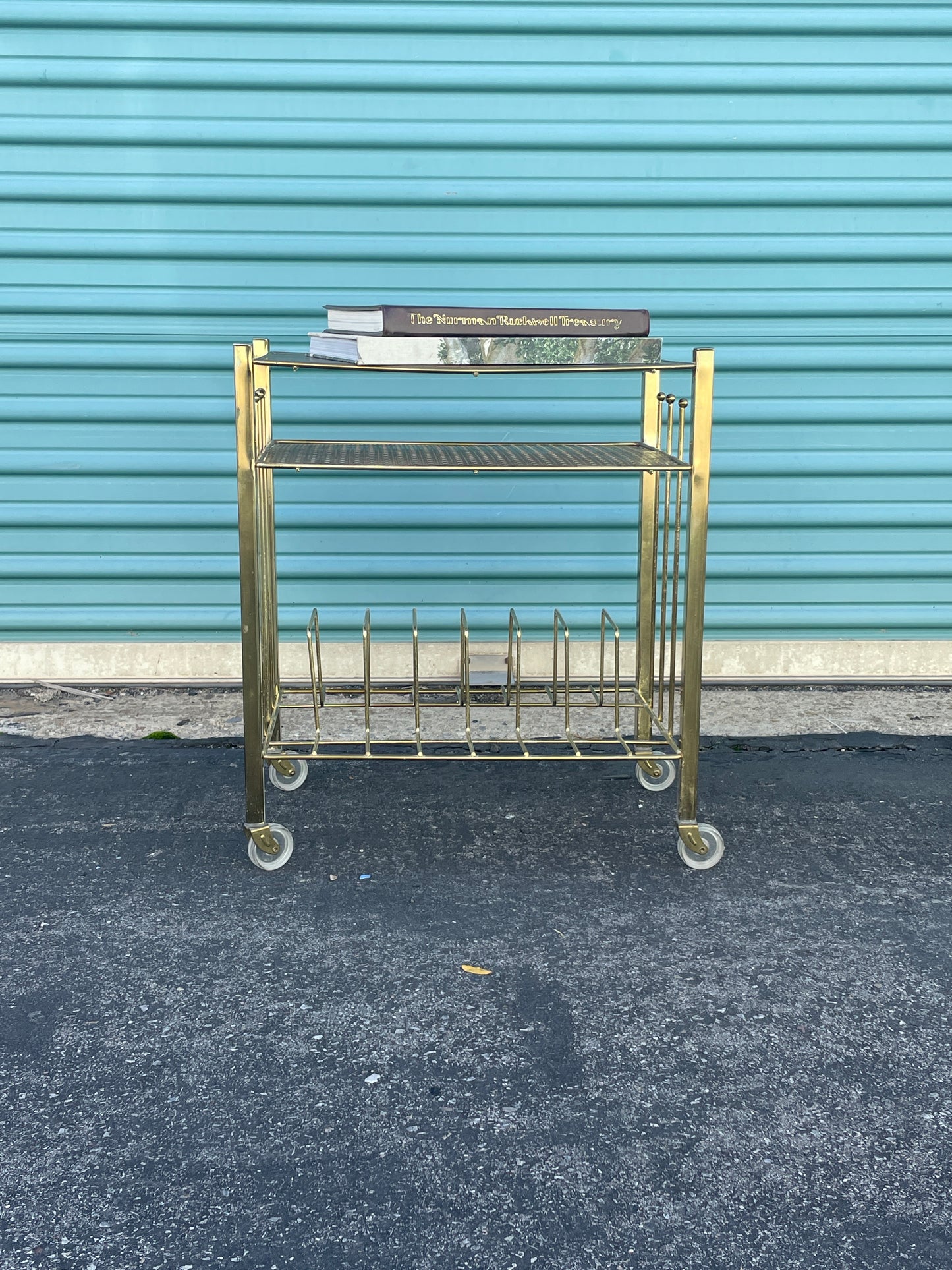 1950’s Rolling Entertainment Record Stand with Brass Cane Detail work