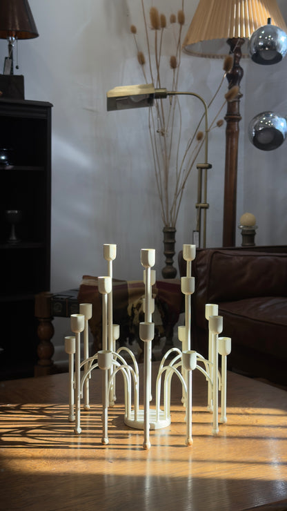 Vintage French Countryside White Metal 18 Head Candelabra with Glass Dry Vase Center