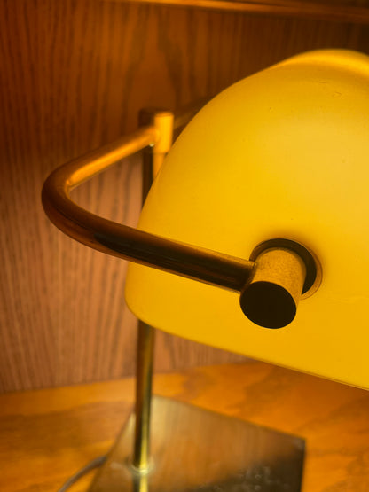 Brass & Amber Bankers Lamp with Minimalist Gold Metal Base Plate