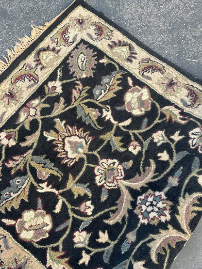 Handmade in India, “Blade Black” Floral Wool Area Rug 3ftx5ft 3.5 in