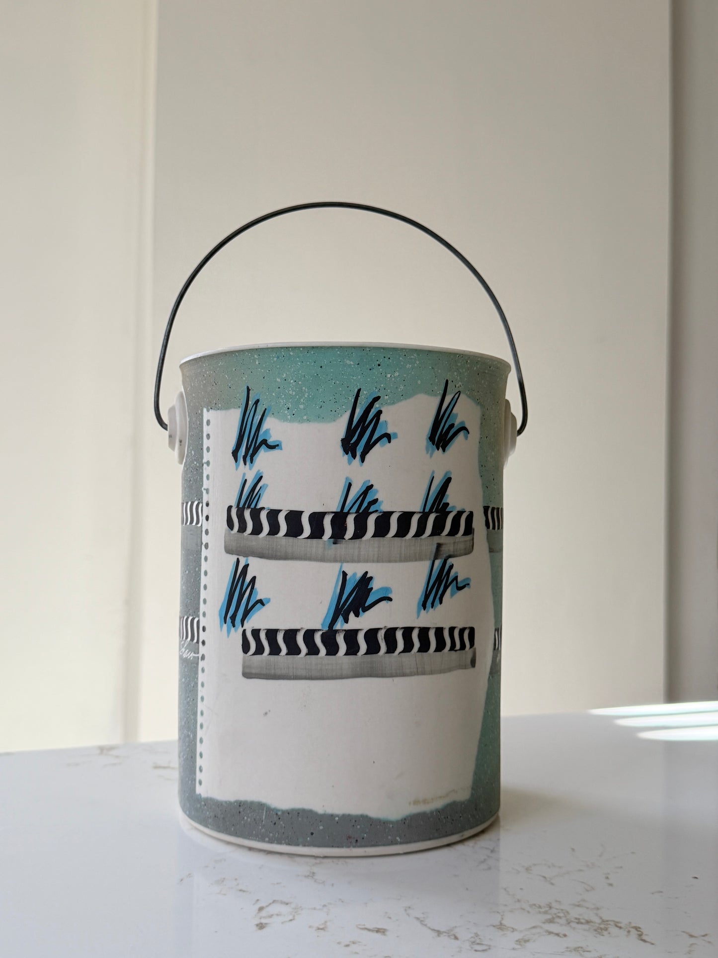 Handcrafted Teal, Black and White Abstract Ceramic Ice Bucket