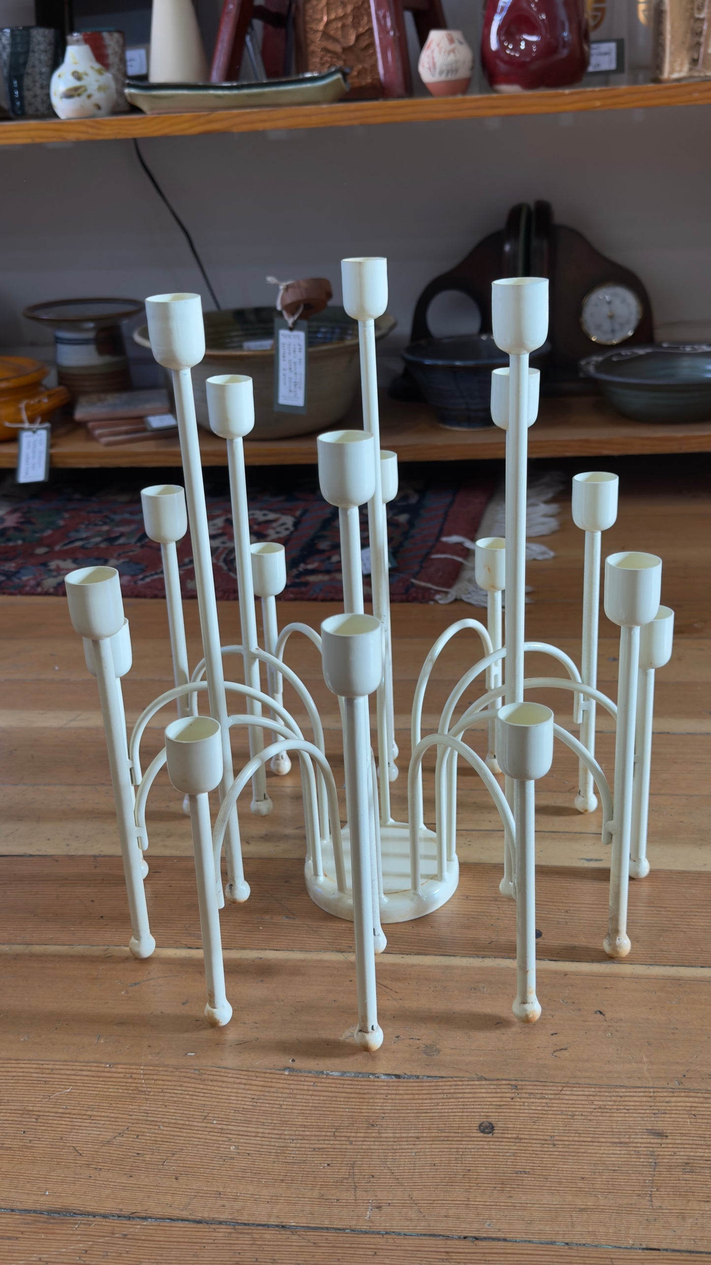 Vintage French Countryside White Metal 18 Head Candelabra with Glass Dry Vase Center