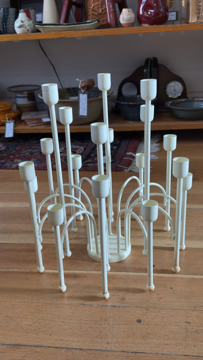 Vintage French Countryside White Metal 18 Head Candelabra with Glass Dry Vase Center