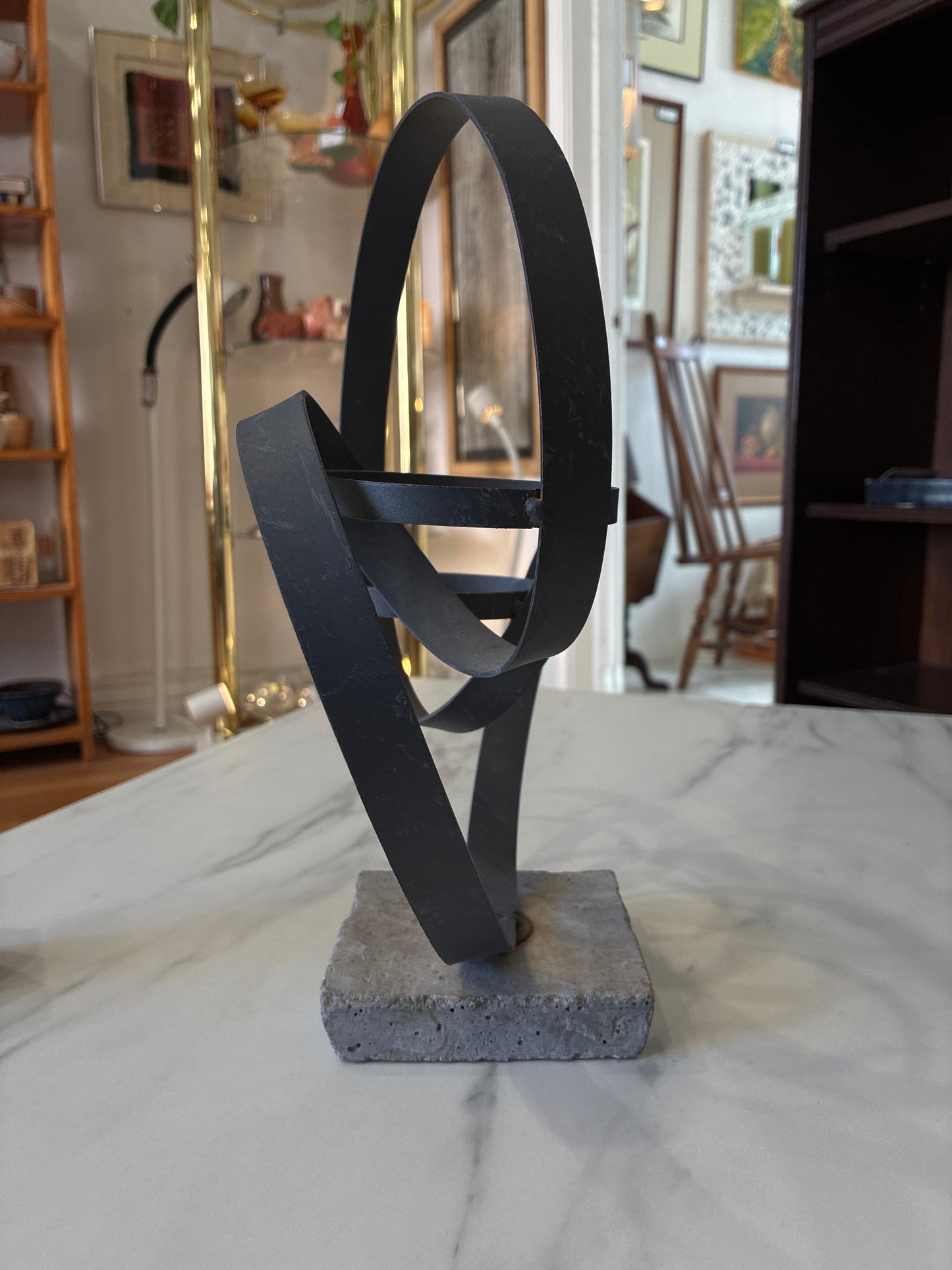 Minimalist Metal Sculpture Dual Loop on Concrete Base