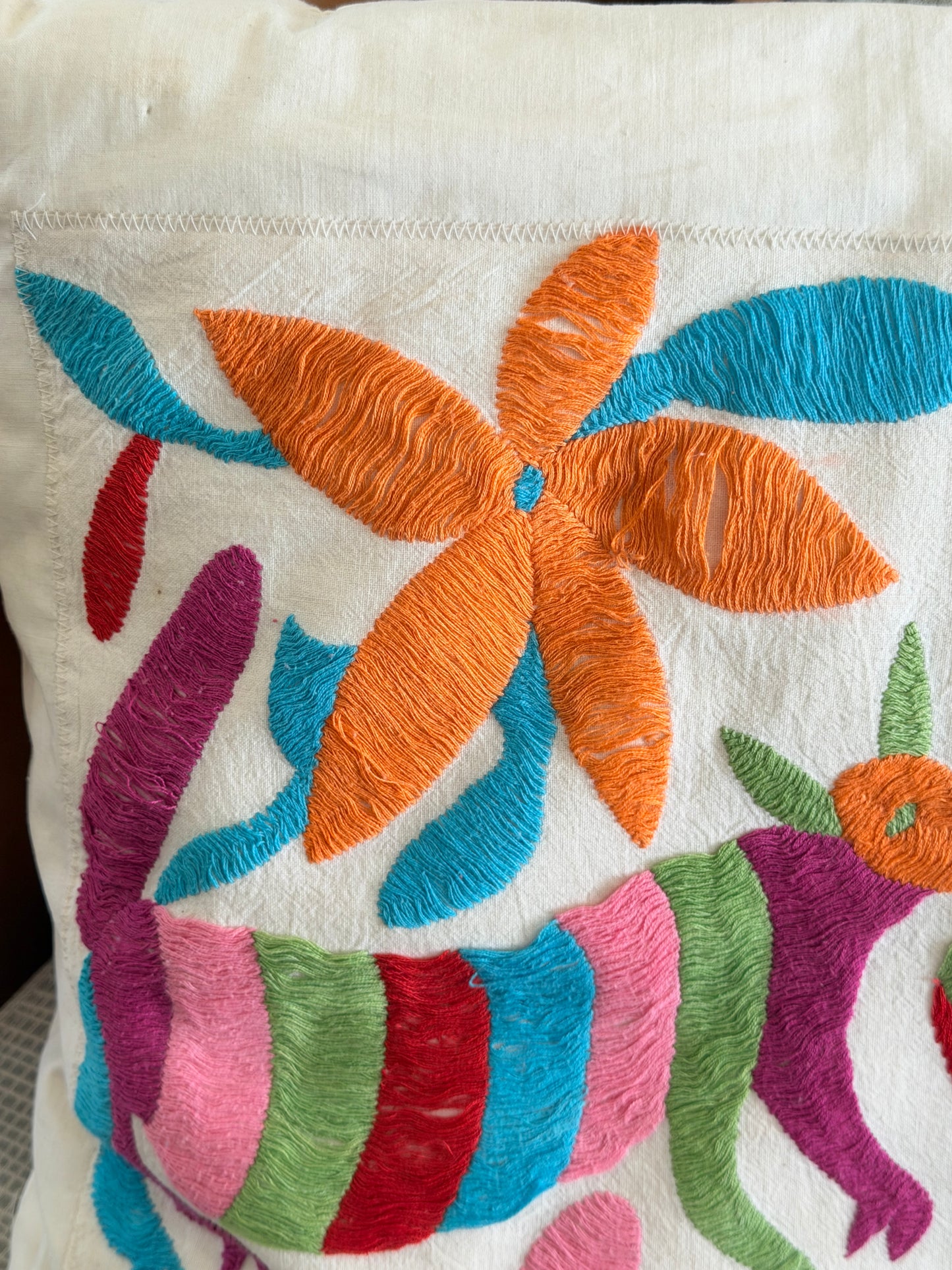 Vintage Tenango Hand Sewn Otomi Embroidered Folklore Pillowcase and Insert