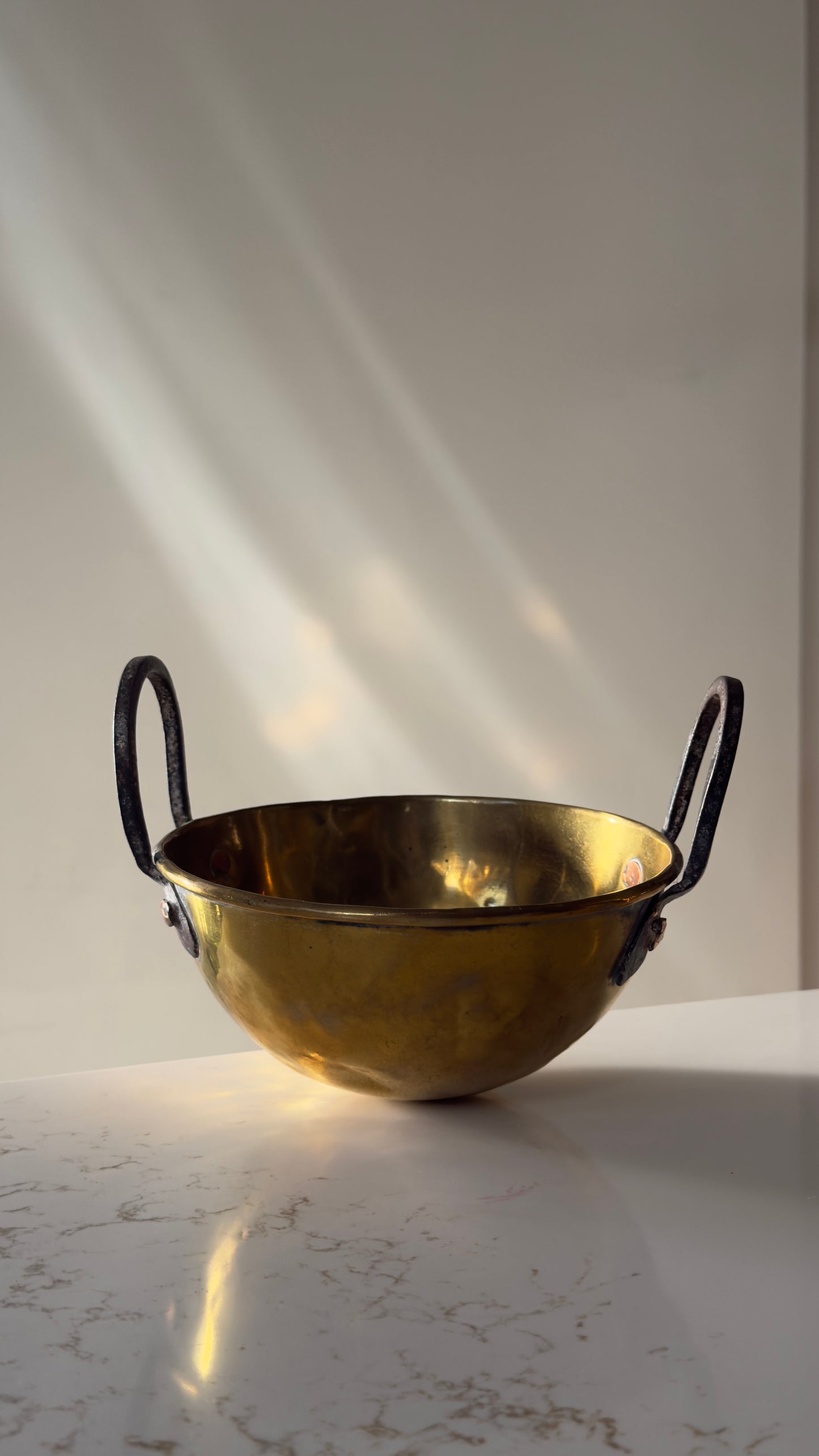 French Vintage Handcrafted Rounded Bottom Hammered Brass, Iron & Copper Bowl