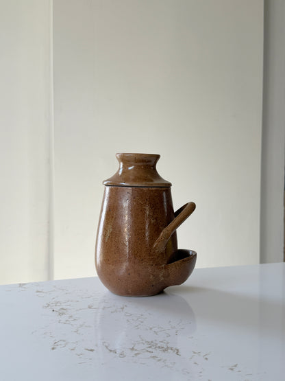 Vintage French Speckled Stoneware Lidded Pickling Jar