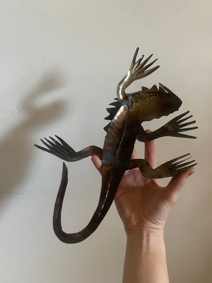 Pair of Sculpted Metal Wall Scrawling Lizards with Painted Brass Details