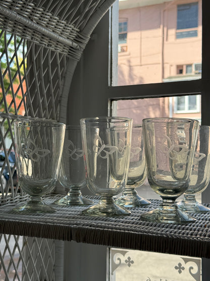 Glass Blown Butterfly Etched Chalice Glasses set of 6