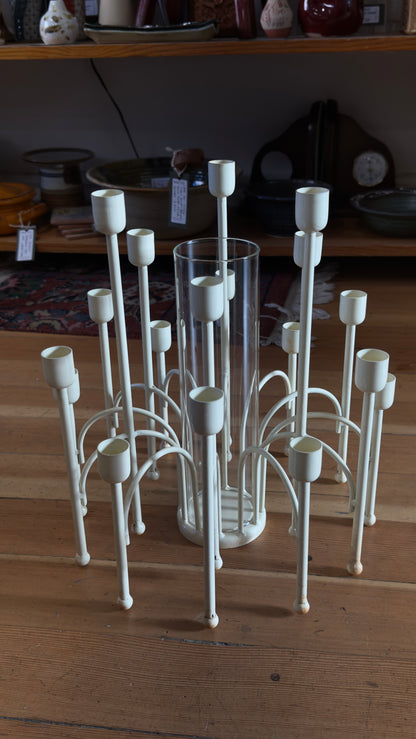 Vintage French Countryside White Metal 18 Head Candelabra with Glass Dry Vase Center