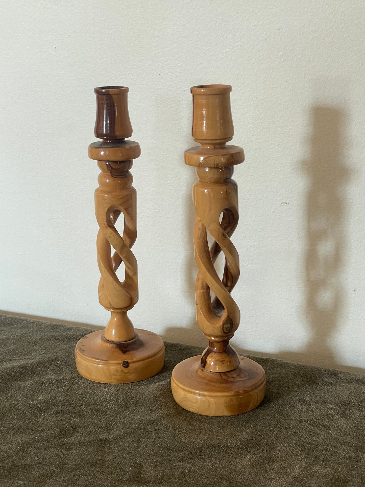 Carved Olive Wood Twisted Candlestick Holder sold as a pair of 2