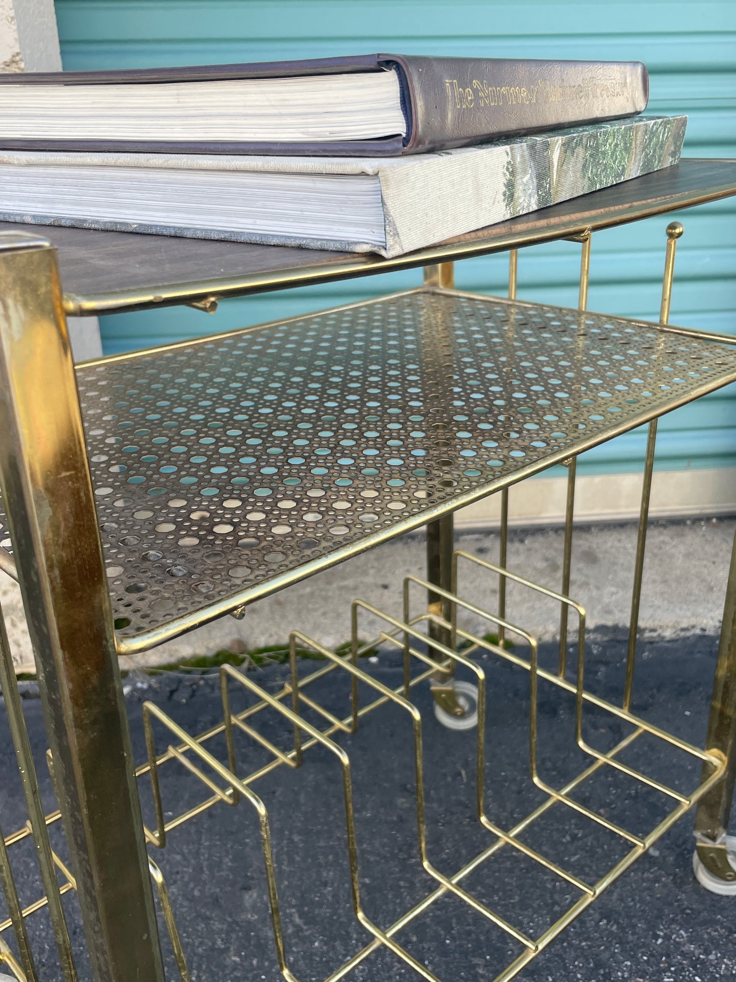 1950’s Rolling Entertainment Record Stand with Brass Cane Detail work