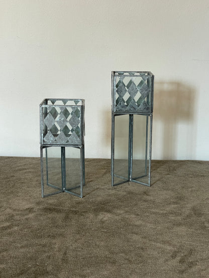 Handcrafted Diamond Metal and Glass Cubed Candle Podiums sold as a pair of 2