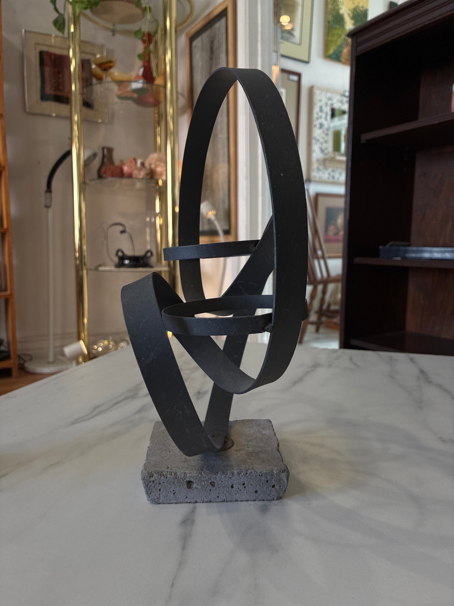 Minimalist Metal Sculpture Dual Loop on Concrete Base