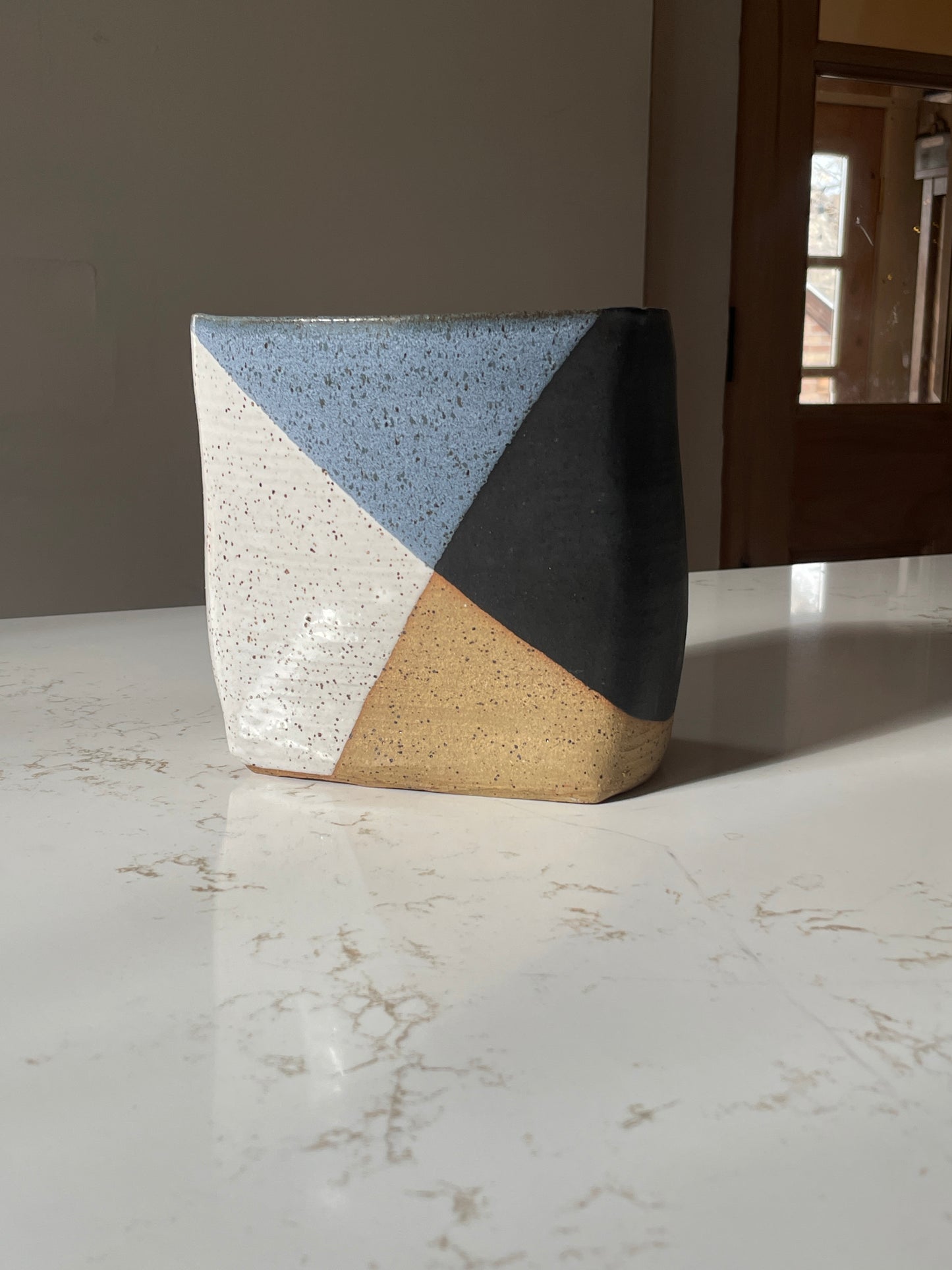 Hand Sculpted Blue Patchwork Chubby Vase Planter