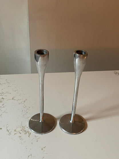Vintage Silver Brushed Candle Holder Pair