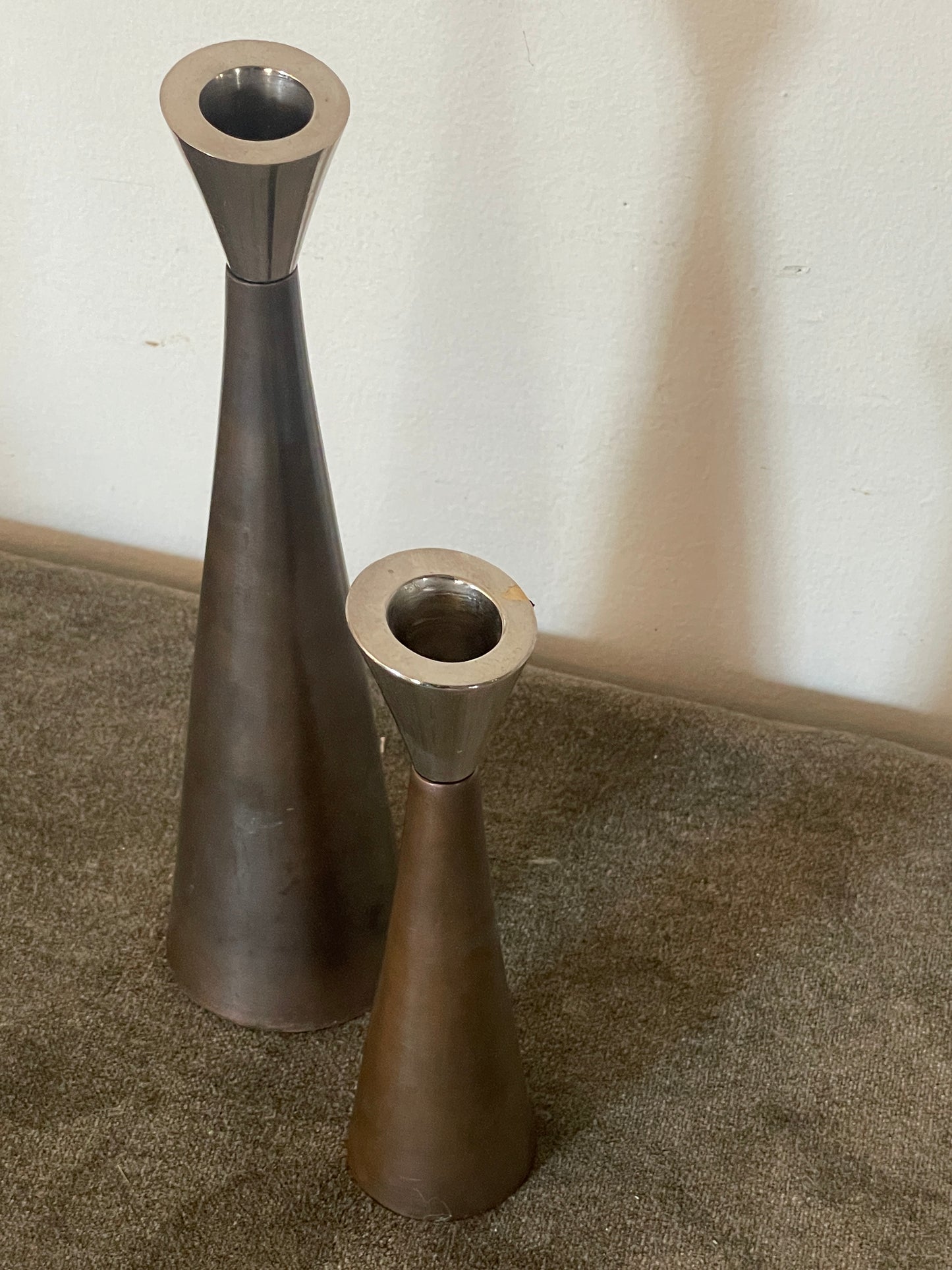 1960’s Metal Coated Chrome and Brushed Bronze Taper Candle Holders - Sold as a pair