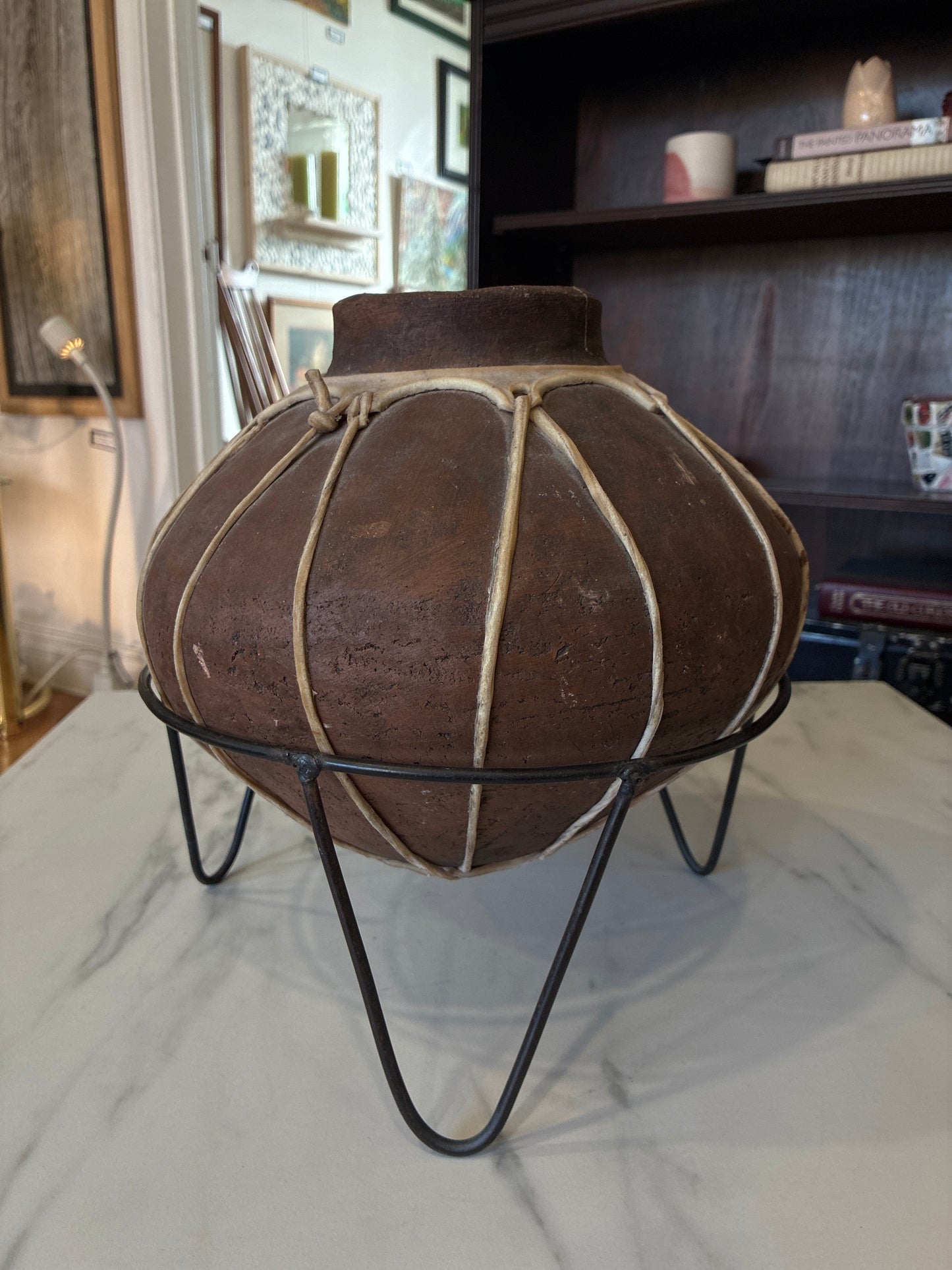 Tarahumara North Mexico Tribe Pottery with Stretched Raw Hide Design