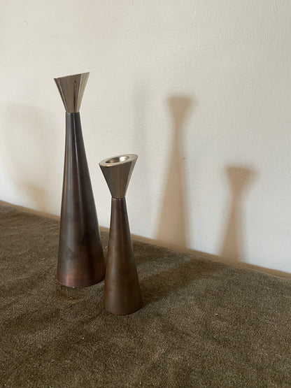 1960’s Metal Coated Chrome and Brushed Bronze Taper Candle Holders - Sold as a pair