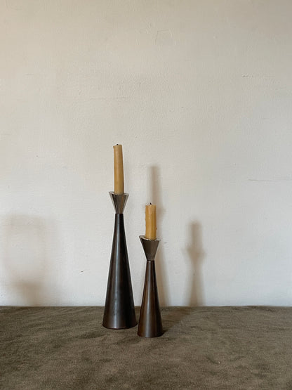 1960’s Metal Coated Chrome and Brushed Bronze Taper Candle Holders - Sold as a pair