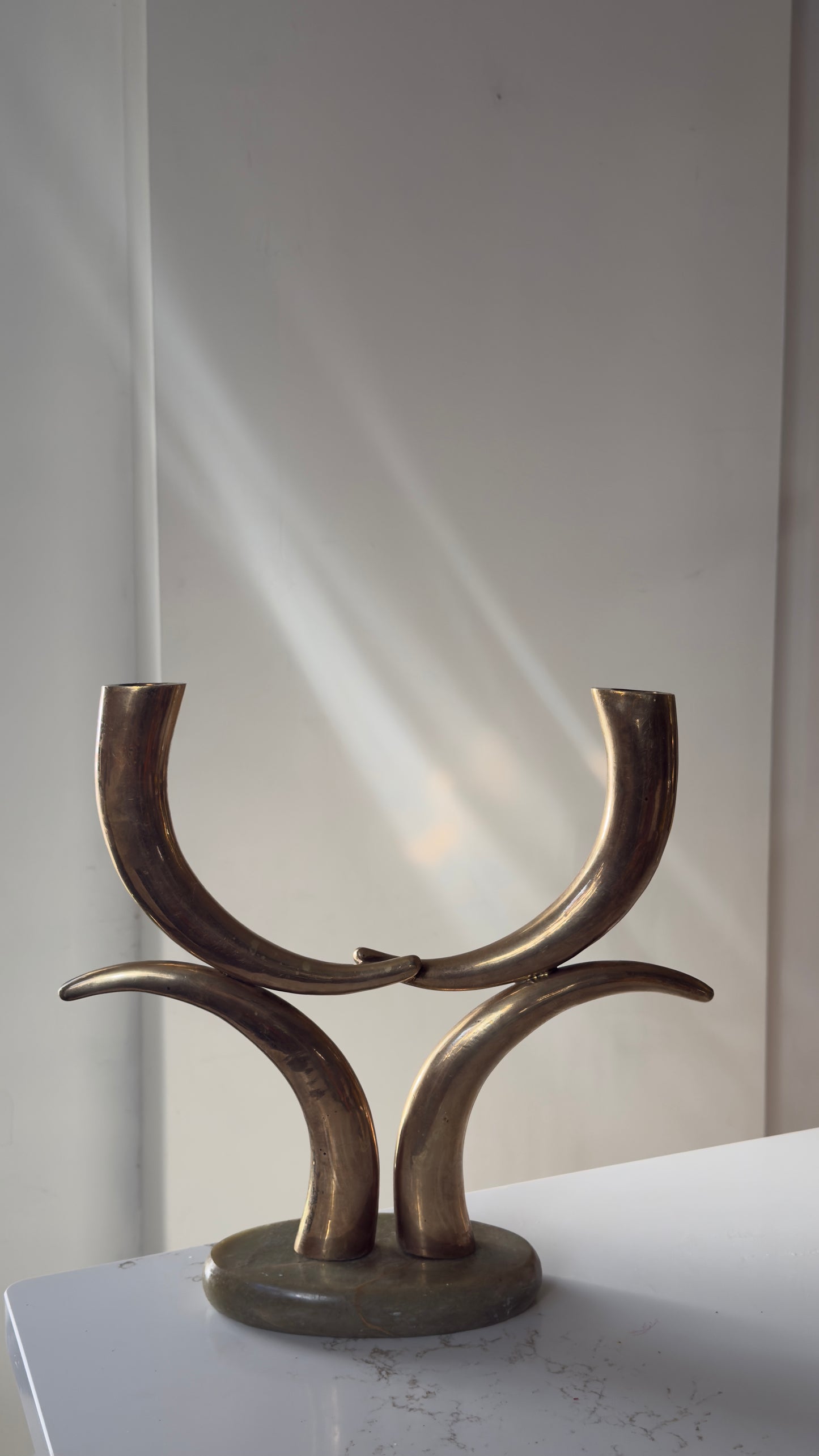 Vintage Solid Brass Tiered Tusk Candle Holder on Green Quartz Base