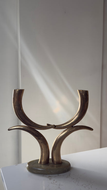 Vintage Solid Brass Tiered Tusk Candle Holder on Green Quartz Base