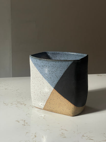 Hand Sculpted Blue Patchwork Chubby Vase Planter