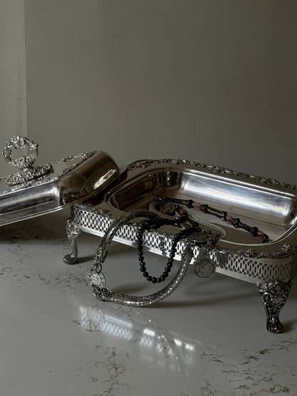 Silver Plated Grapevine Lidded Serving Dish + Stand by Old Sheffield Reproduction