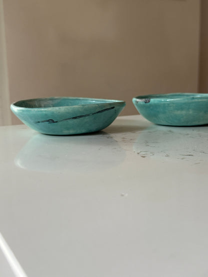 Pair of Handmade Teal Glazed Sculptured Bowls with Interior Designs