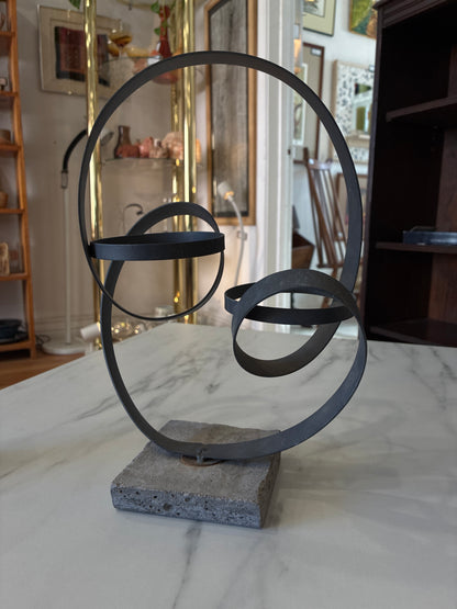 Minimalist Metal Sculpture Dual Loop on Concrete Base