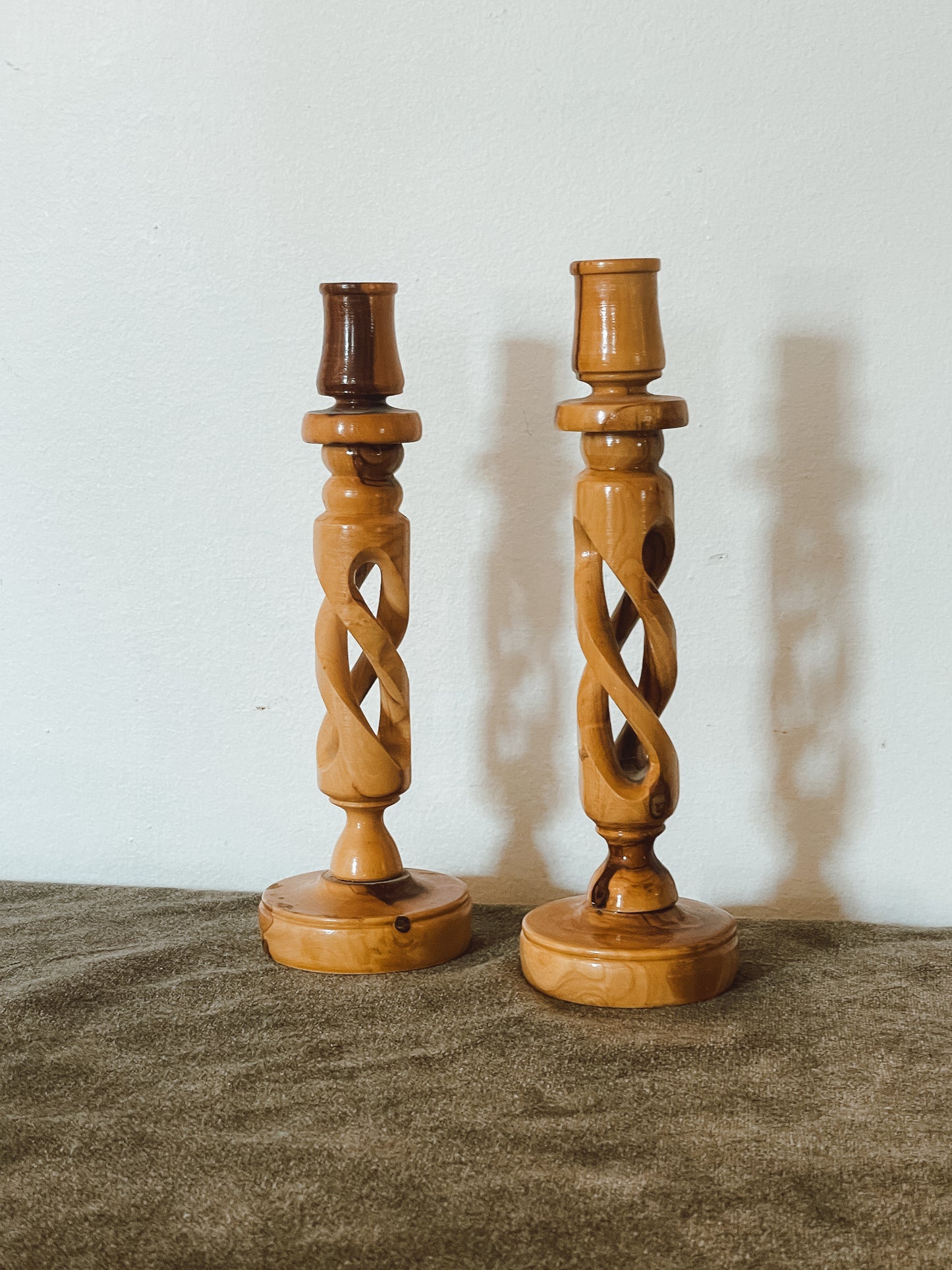 Carved Olive Wood Twisted Candlestick Holder sold as a pair of 2